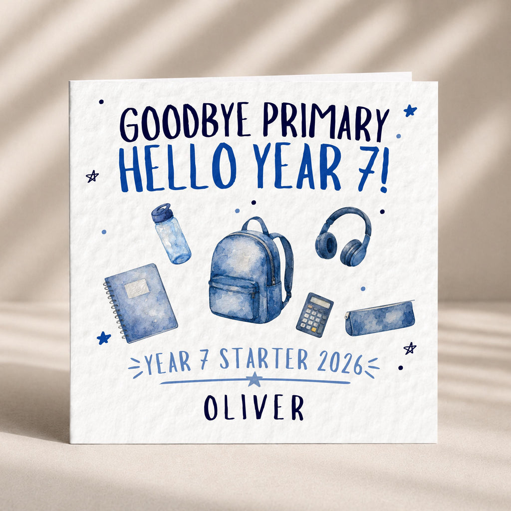 Blue or pink personalised Year 7 card design
