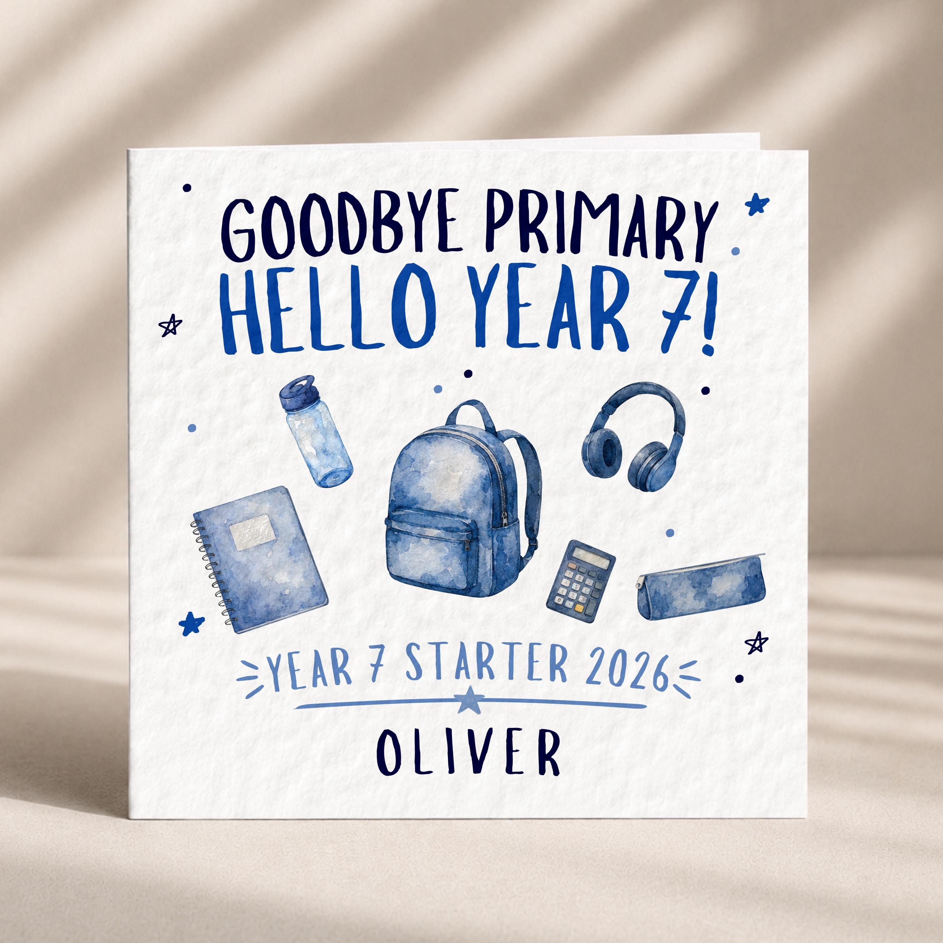 Blue or pink personalised Year 7 card design